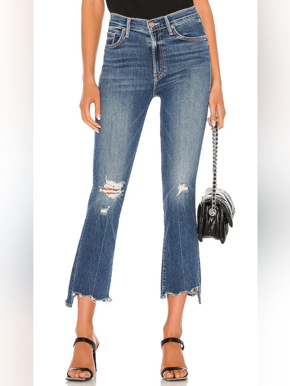 Mother Insider Crop Step Chew Women's 25 Distressed Raw Hem Flared Blue Jeans
